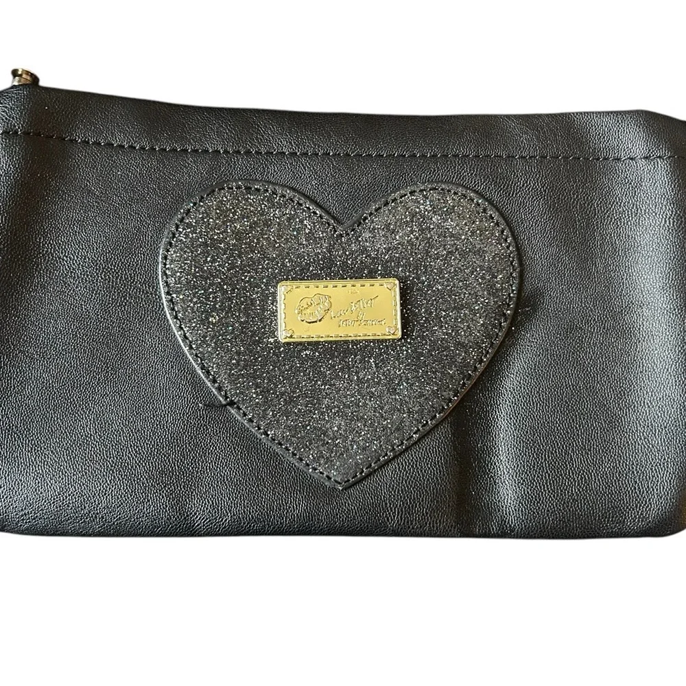 LUV Betsey By Betsey Johnson Black Glitter Heart Carry-All Cosmetic Clutch